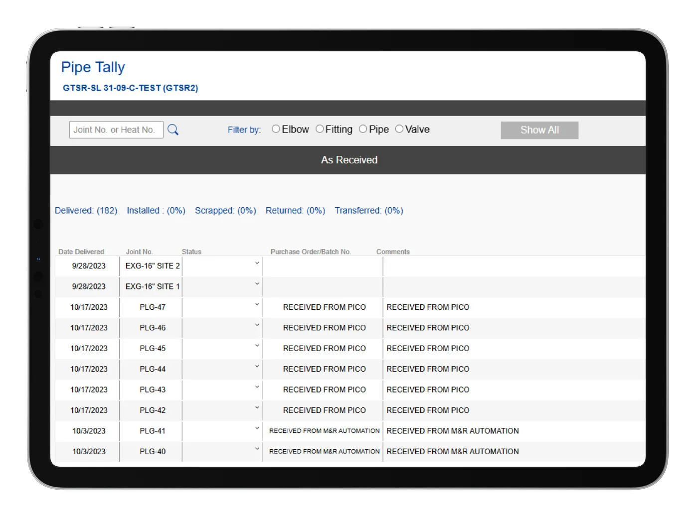 Project and Pipe Tally Integration
